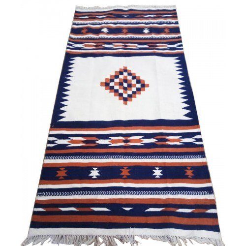 Traditional Hand Woven Karnataka Special Navalgund Designer Durrie White & Blue