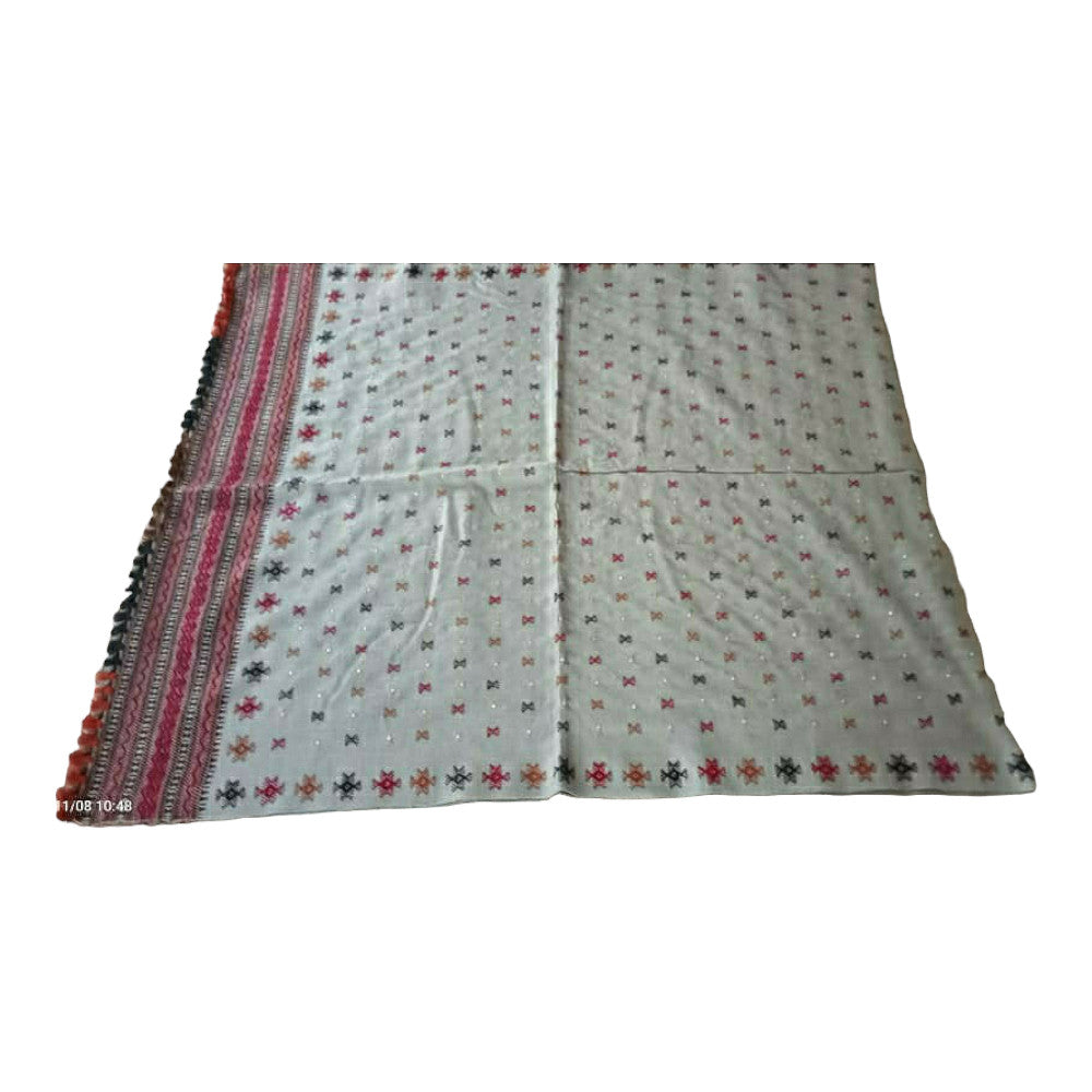 Handwoven Acrylic Wool Bhujodi Light Grey Embroidered Shawl