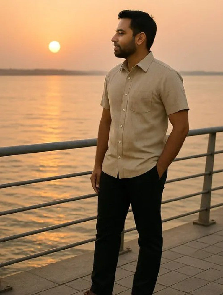 Handwoven Khadi Cotton Men's Half Sleeves Shirt - Off White