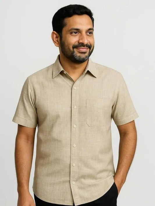 Handwoven Khadi Cotton Men's Half Sleeves Shirt - Off White