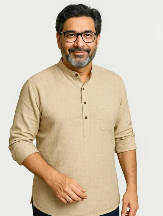 Handwoven Khadi Cotton Men's Short Kurta - Off White