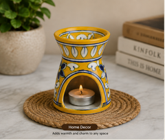 Elegant Yellow Colour Oil Lamp With Flower Design Blue Pottery Of Jaipur