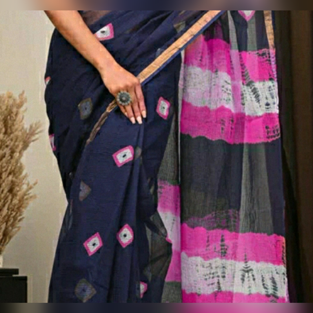 Indigo Colour Printed Kota Doria Pure Cotton Saree