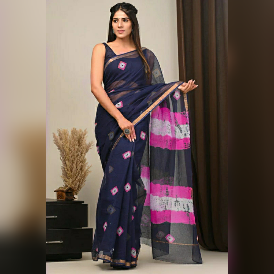 Indigo Colour Printed Kota Doria Pure Cotton Saree