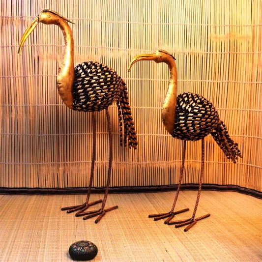 Iron Painted Crane Tea Light Set Of 2
