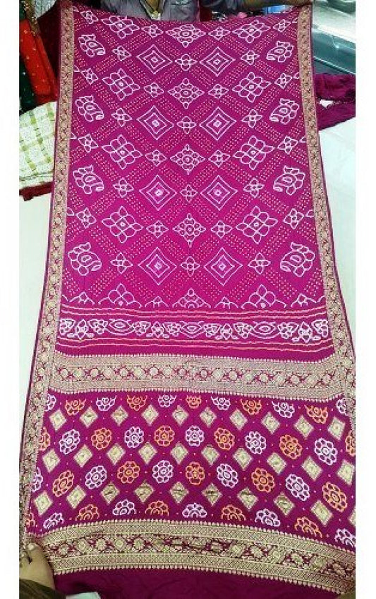 Traditional Jamnagar Bandhani Handloom Designer PInk Chunari Gaji Silk Saree for Women