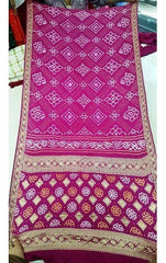 Traditional Jamnagar Bandhani Handloom Designer PInk Chunari Gaji Silk Saree for Women