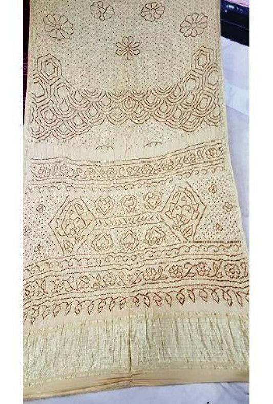Traditional Jamnagar Bandhani Handloom Designer Cream Chunari Gaji Silk Saree for Women