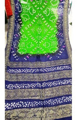 Traditional Jamnagar Bandhani Handloom Designer Dark Blue & Green Chunari Semi Silk Saree for Women