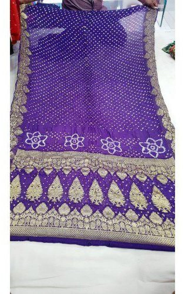 Traditional Jamnagar Bandhani Handloom Designer Purple Colour Chunari Semi Silk Saree for Women