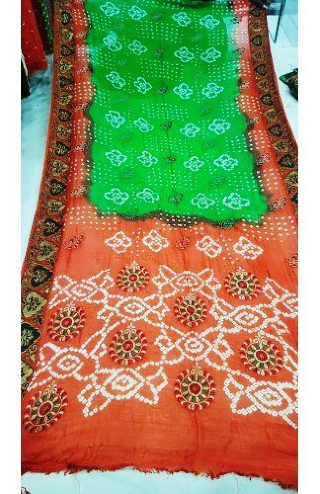 Traditional Jamnagar Bandhani Handloom Designer Orange & Green Colour Chunari Semi Silk Saree for Wo