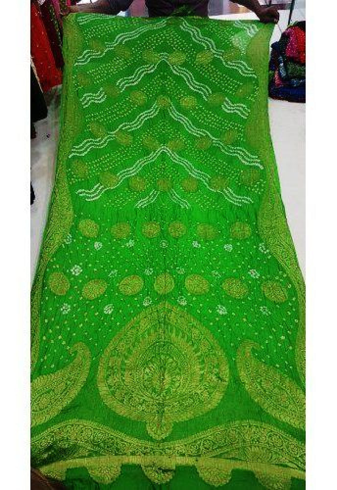 Traditional Jamnagar Bandhani Handloom Designer Light Green Colour Chunari Semi Silk Saree for Women