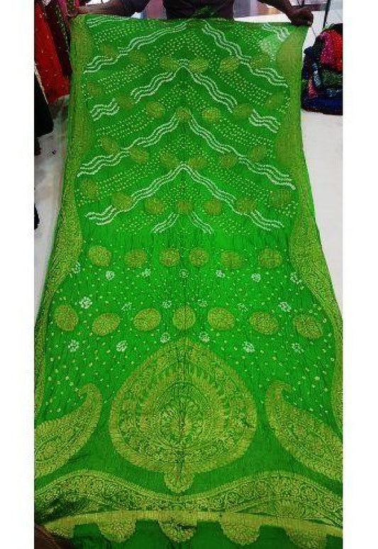 Traditional Jamnagar Bandhani Handloom Designer Light Green Colour Chunari Semi Silk Saree for Women