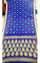 Traditional Jamnagar Bandhani Handloom Designer Blue Colour Banarasi Silk Saree for Women