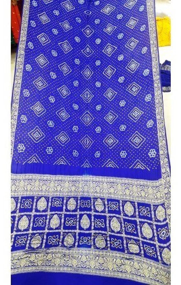 Traditional Jamnagar Bandhani Handloom Designer Gaji Silk Blue Colour Saree for Women