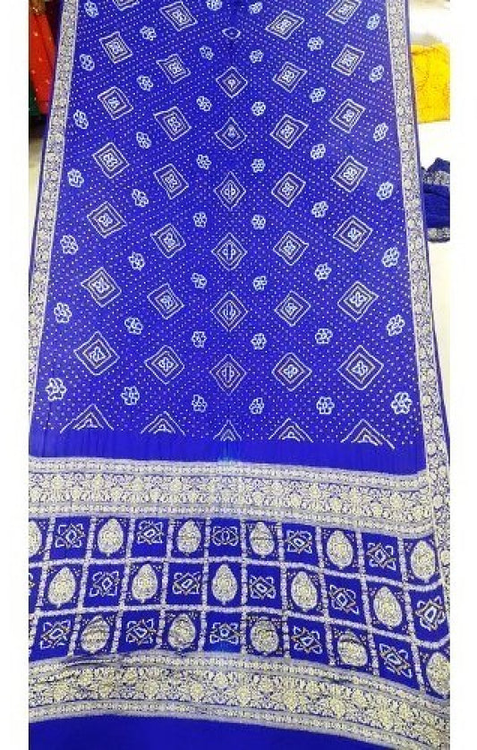 Traditional Jamnagar Bandhani Handloom Designer Gaji Silk Blue Colour Saree for Women