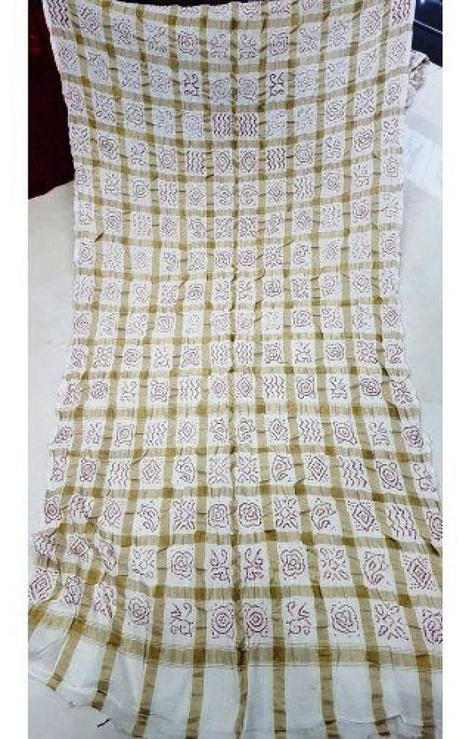Traditional Jamnagar Bandhani Handloom Designer Cotton White Colour Saree for Women