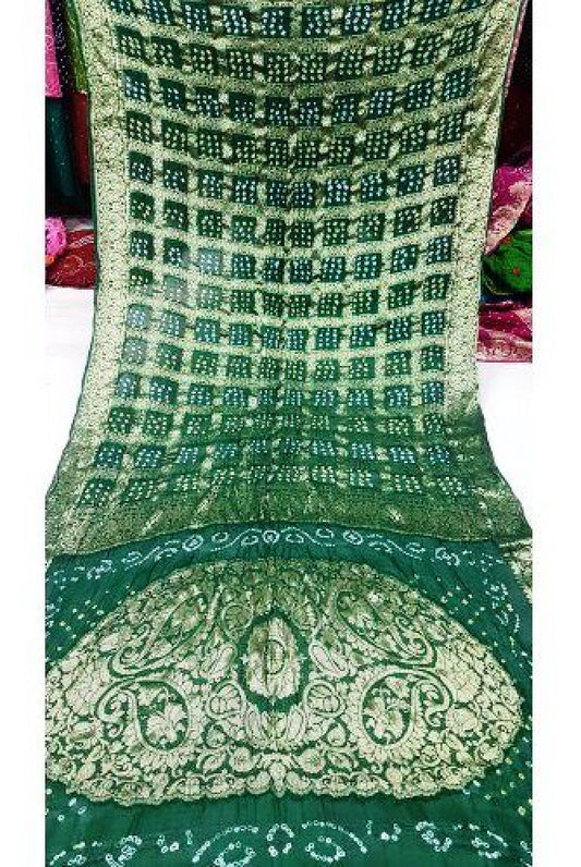 Traditional Jamnagar Bandhani Handloom Designer Dhupian Semi Silk Dark Green Colour Saree for Women