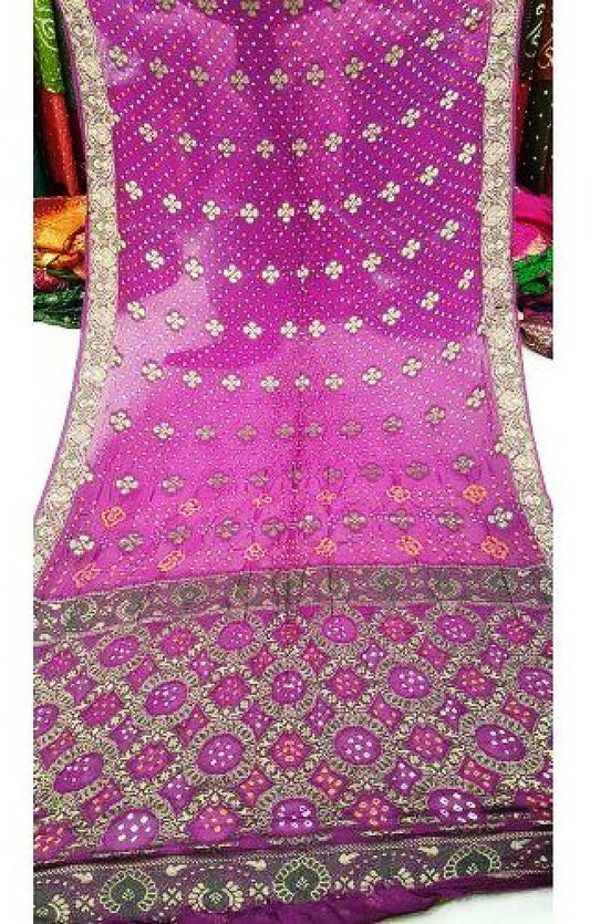 Traditional Jamnagar Bandhani Handloom Designer Dhupian Semi Silk Pink Colour Saree for Women