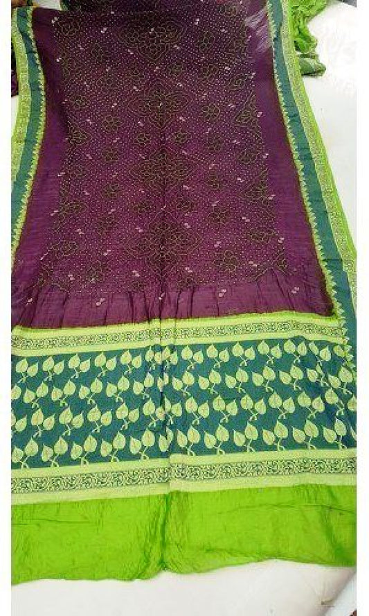 Traditional Jamnagar Bandhani Handloom Designer Gadwal Silk Dark Mehroon Colour Saree for Women