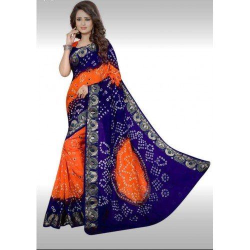 Jamanagari Bandhani Jacquard Silk Orange & Blue Color Saree With Zari Border & Blouse For Women By J