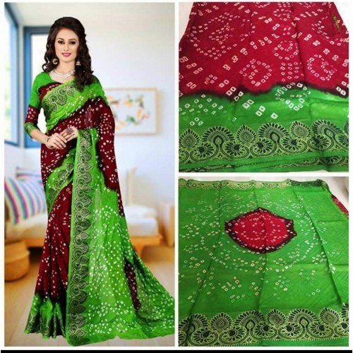 Jamanagari Bandhani Jacquard Silk Green & Brown Color Saree With Zari Border & Blouse For Women By J
