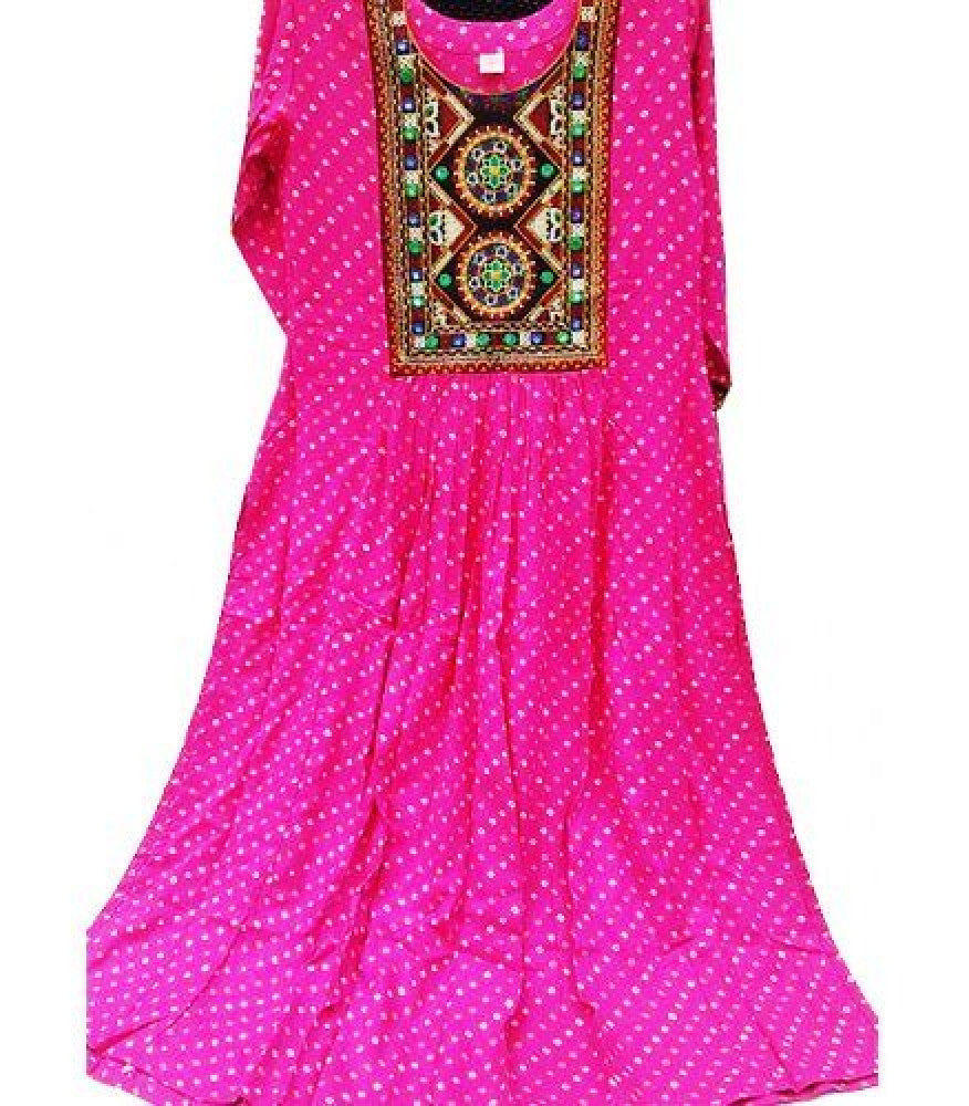 Traditional Handloom Jamnagar Bandhani Rayon Fabric Long Stylish Pink Colour Kurti for Girls