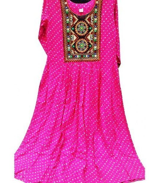 Traditional Handloom Jamnagar Bandhani Rayon Fabric Long Stylish Pink Colour Kurti for Girls