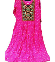 Traditional Handloom Jamnagar Bandhani Rayon Fabric Long Stylish Pink Colour Kurti for Girls