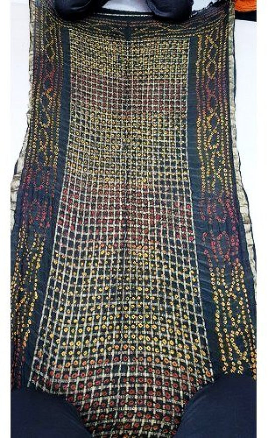 Traditional Handloom Jamnagar Bandhani Silk Dupatta In Black Colour for Women