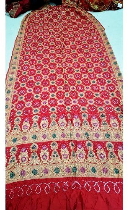 Traditional Handloom Jamnagar Bandhani Pink Semi Silk Fabric Dupatta Material for Girls