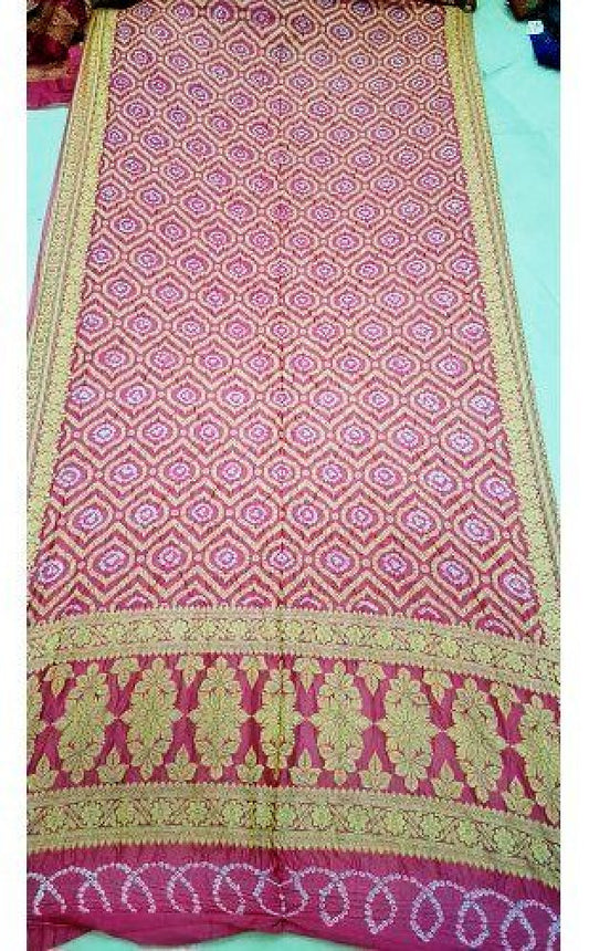Traditional Handloom Jamnagar Bandhani Baby Pink Semi Silk Fabric Dupatta Material for Girls