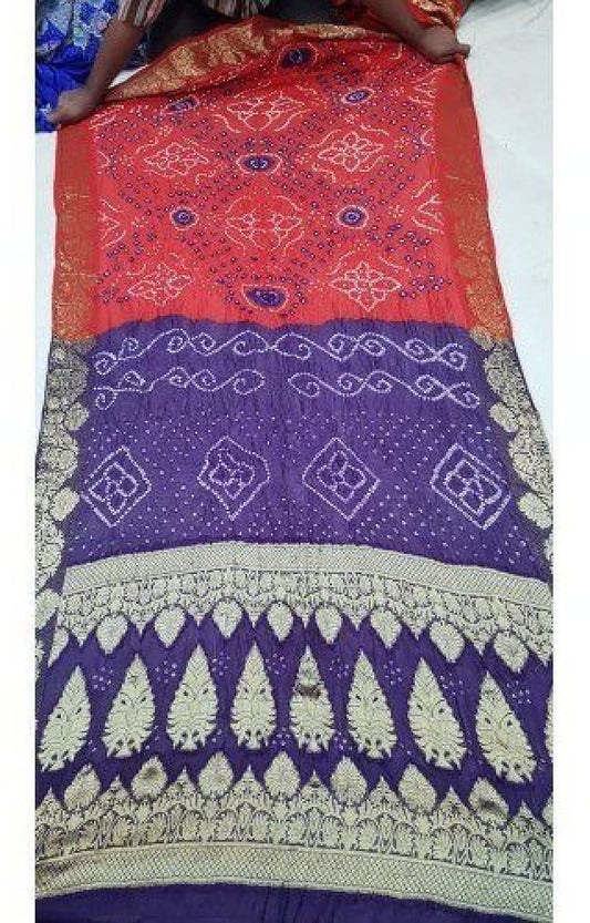 Traditional Jamnagar Bandhani Handloom Designer Cotton Red & Violet Colour Saree for Women