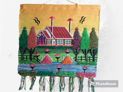 Jute Wall Hanging of Colourful House with Trees