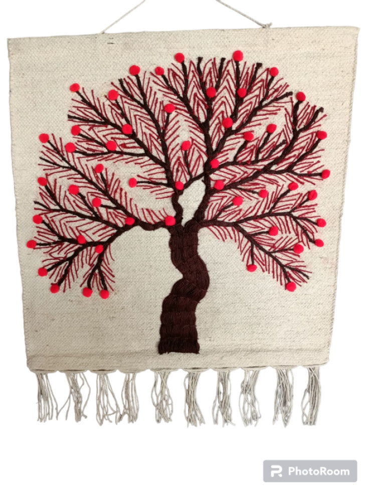 Jute Wall Hanging of Tree with Red Flowers