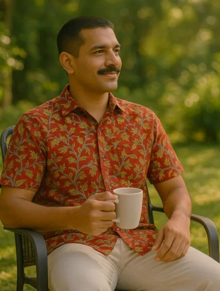 Kalamkari Block Printed Cotton Men's Half Sleeves Shirt - Red