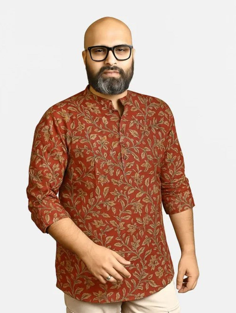 Kalamkari Block Printed Cotton Men's Short Kurta - Red