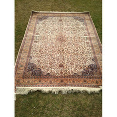 Traditional Kashmir Hand Knotted Silk Cream Carpet