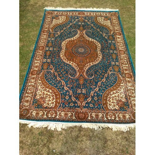 Kashmir Pure Mulberry Silk Hand Knotted Blue Carpet