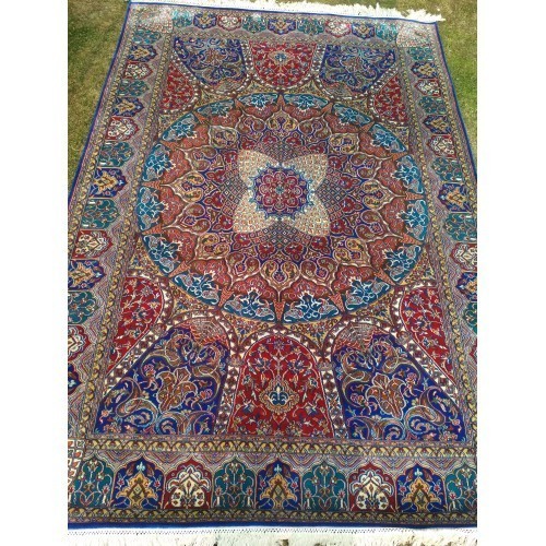 Red-Blue Designer Kashmiri Hand Knotted Pure Silk Carpet