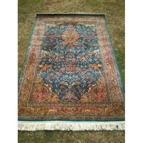 Blue Handknotted Kashmiri Silk Carpet