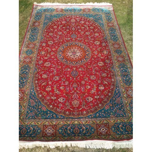 Traditional Handknotted Blue-Red Kashmiri Silk Carpet