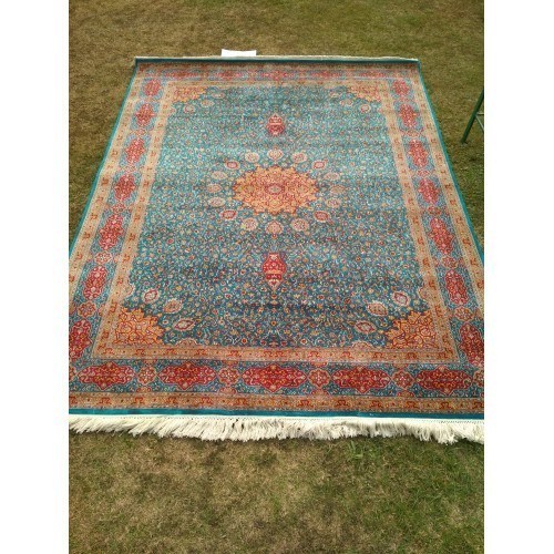 Traditional Handknotted Sky-Blue Kashmiri Silk Carpet