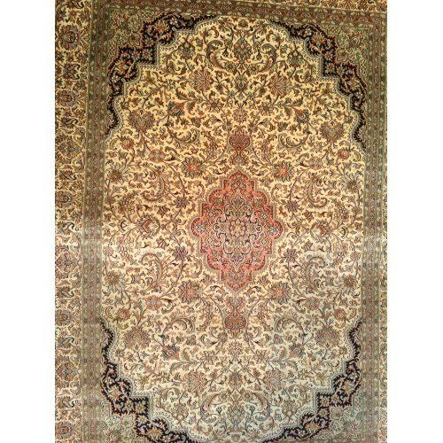 Traditional Handknotted Cream Kashmiri Silk Carpet