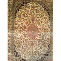 Traditional Handknotted Cream Kashmiri Silk Carpet