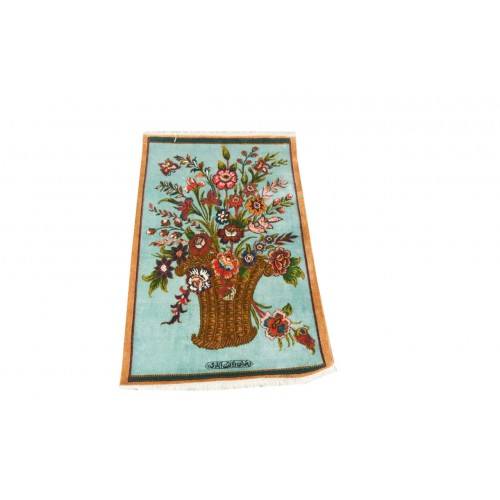 Excellent Sea Green Colour Ground Work Floral Designer Kashmiri Hand Knotted Carpet (2X3 Ft) For Home Décor