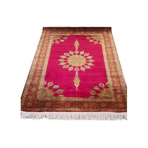 Traditional Handicraft Kashmiri Hand Knotted Beautiful Red & Golden Colour Carpet For Home Décor