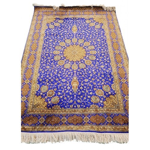 Traditional Handicraft Kashmiri Hand Knotted Beautiful Purple & Golden Colour Carpet For Home Décor