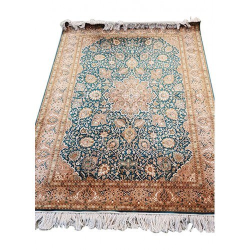 Traditional Handicraft Kashmiri Hand Knotted Beautiful Dark Green & Golden Colour Carpet For Home Décor