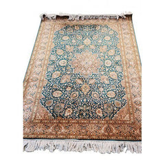 Traditional Handicraft Kashmiri Hand Knotted Beautiful Dark Green & Golden Colour Carpet For Home Décor